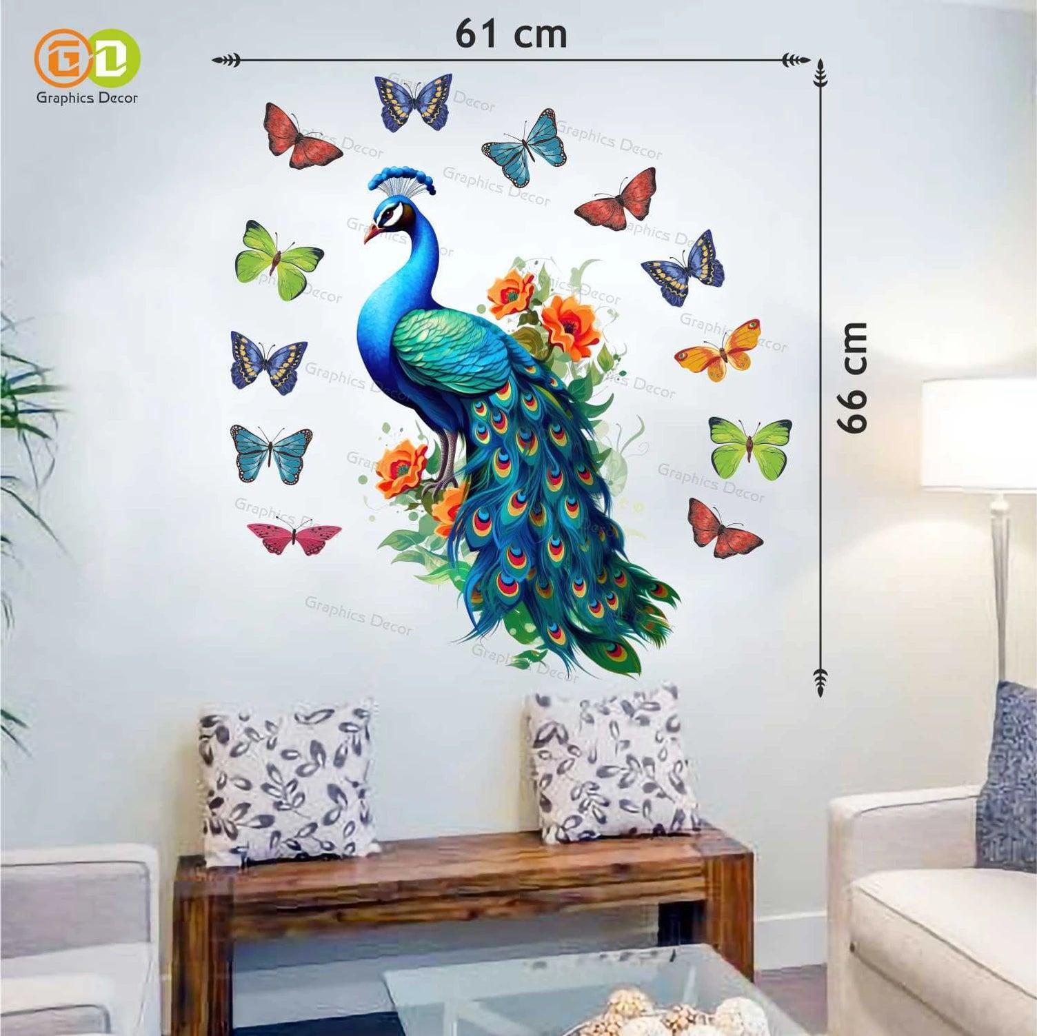 Green 3D Peacock with Butterflies Wall Stickers (61x66 cm) (Multicolor)