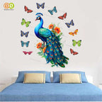 Green 3D Peacock with Butterflies Wall Stickers (61x66 cm) (Multicolor)