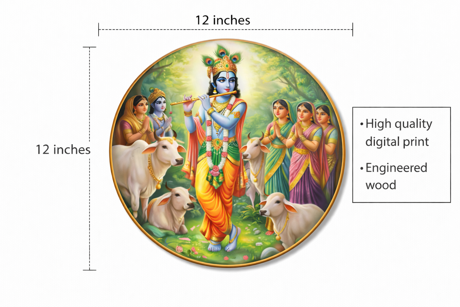 Spiritual Circular Wall Hanging | Lord Krishna with Gopis and Holy Cows | Devotional Art