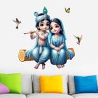 Divine Young Radha Krishna Sitting on Wooden Log Wall Sticker - 68 cm x 60 cm Premium Light Blue Theme Spiritual Decal for Kids' Room, Bedroom, and Home Decor