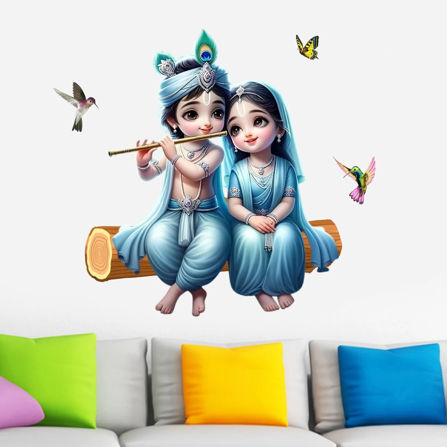 Divine Young Radha Krishna Sitting on Wooden Log Wall Sticker - 68 cm x 60 cm Premium Light Blue Theme Spiritual Decal for Kids' Room, Bedroom, and Home Decor