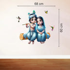 Divine Young Radha Krishna Sitting on Wooden Log Wall Sticker - 68 cm x 60 cm Premium Light Blue Theme Spiritual Decal for Kids' Room, Bedroom, and Home Decor