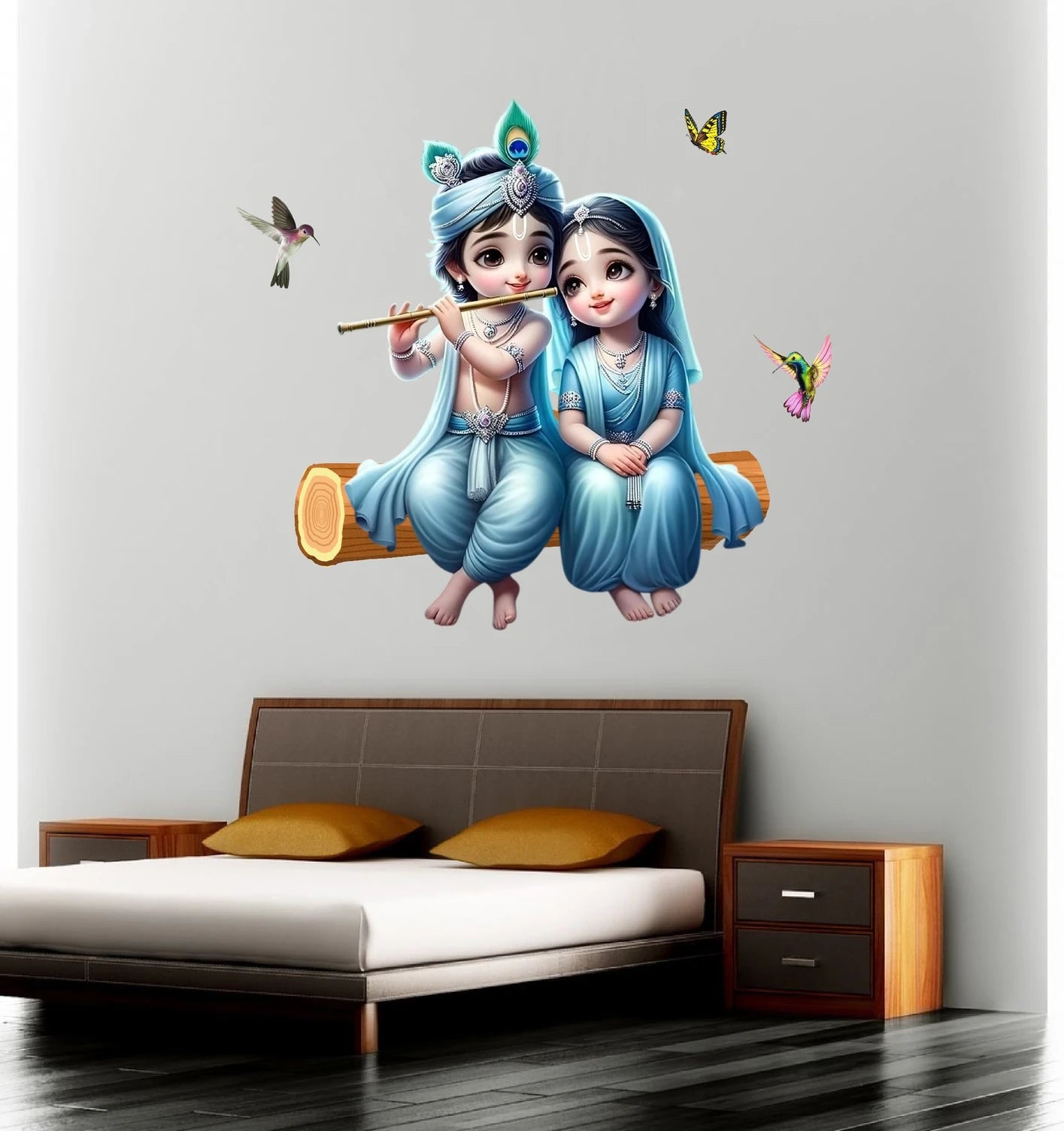 Divine Young Radha Krishna Sitting on Wooden Log Wall Sticker - 68 cm x 60 cm Premium Light Blue Theme Spiritual Decal for Kids' Room, Bedroom, and Home Decor