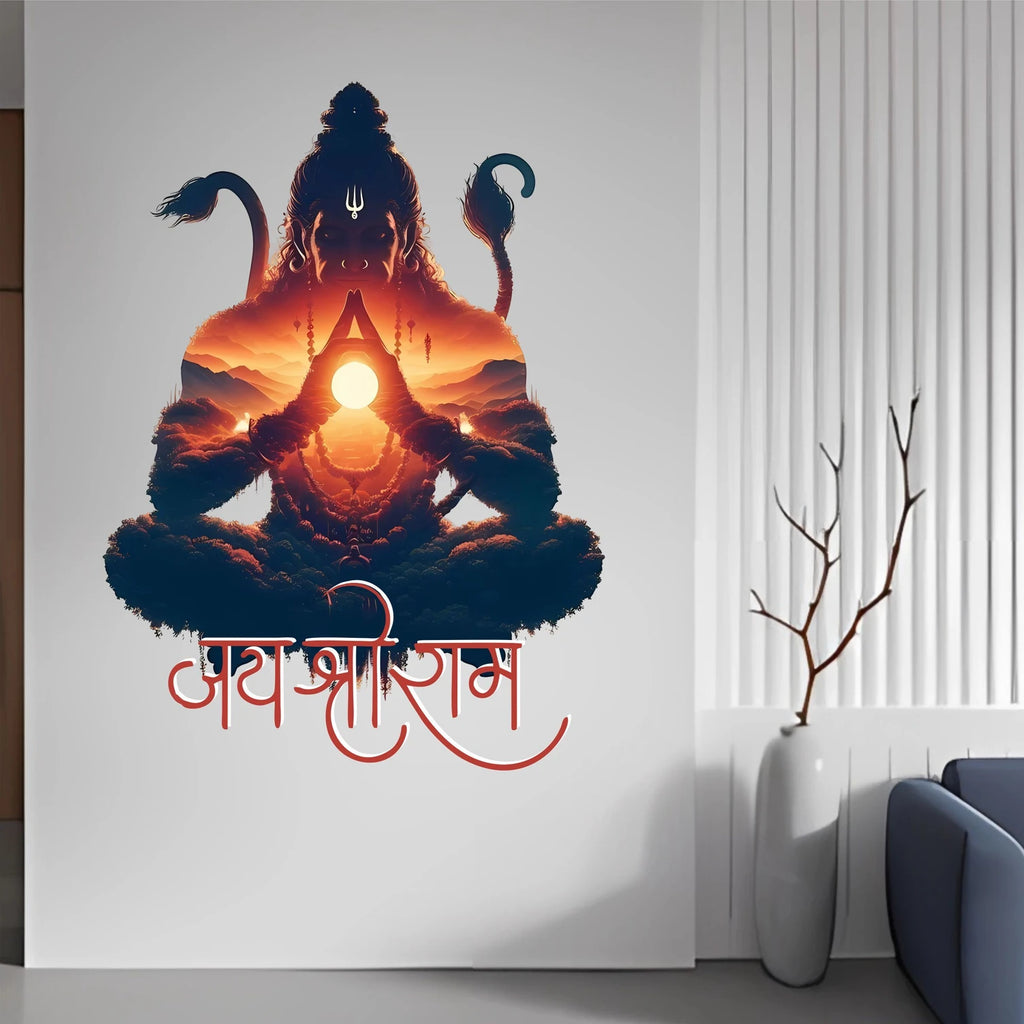 Lord Hanuman Bajrangbali Jai Shree Ram Spiritual Wall Sticker for Home Divine Blessing Hindu God Silhouette Decal for Pooja Room and Main Entrance