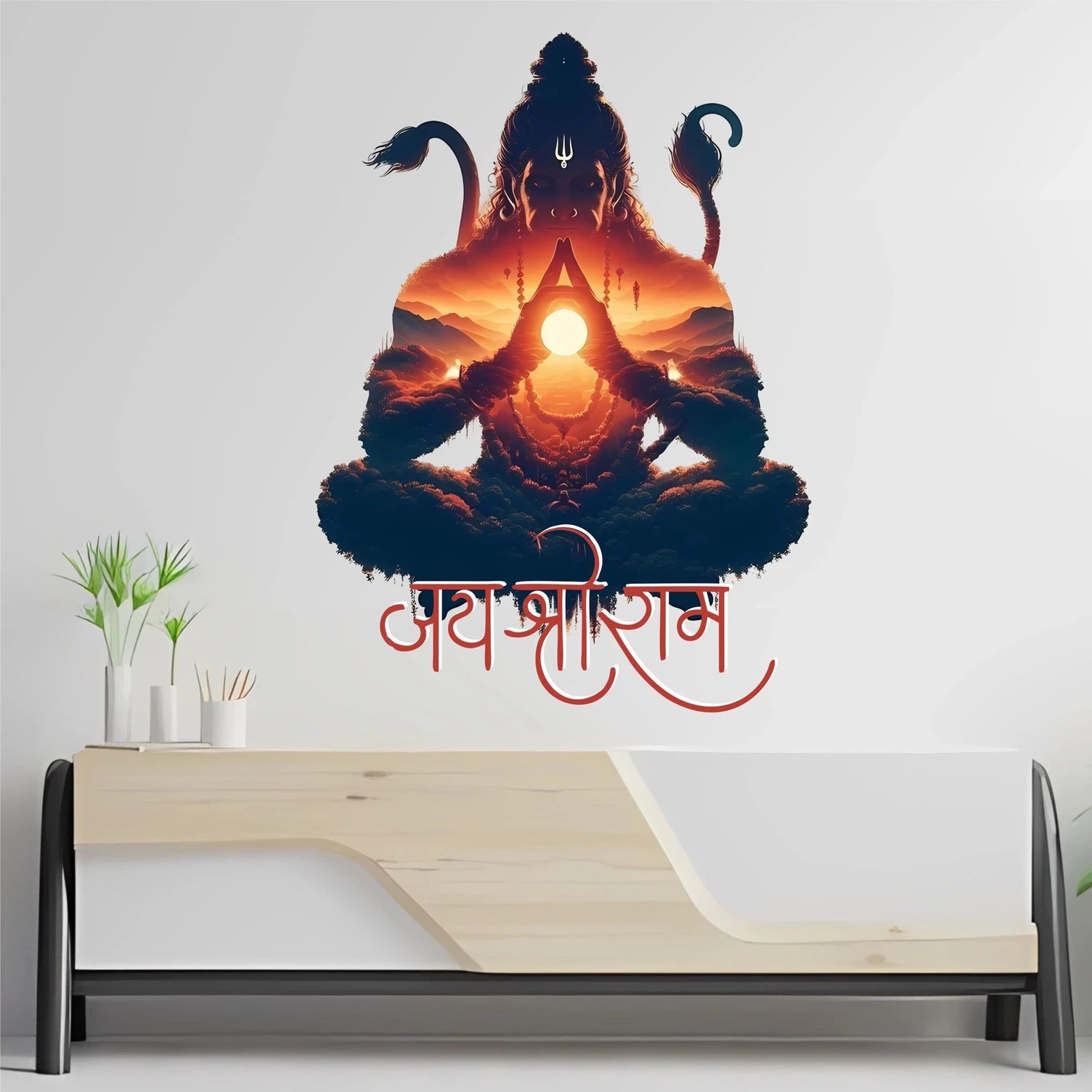 Lord Hanuman Bajrangbali Jai Shree Ram Spiritual Wall Sticker for Home Divine Blessing Hindu God Silhouette Decal for Pooja Room and Main Entrance