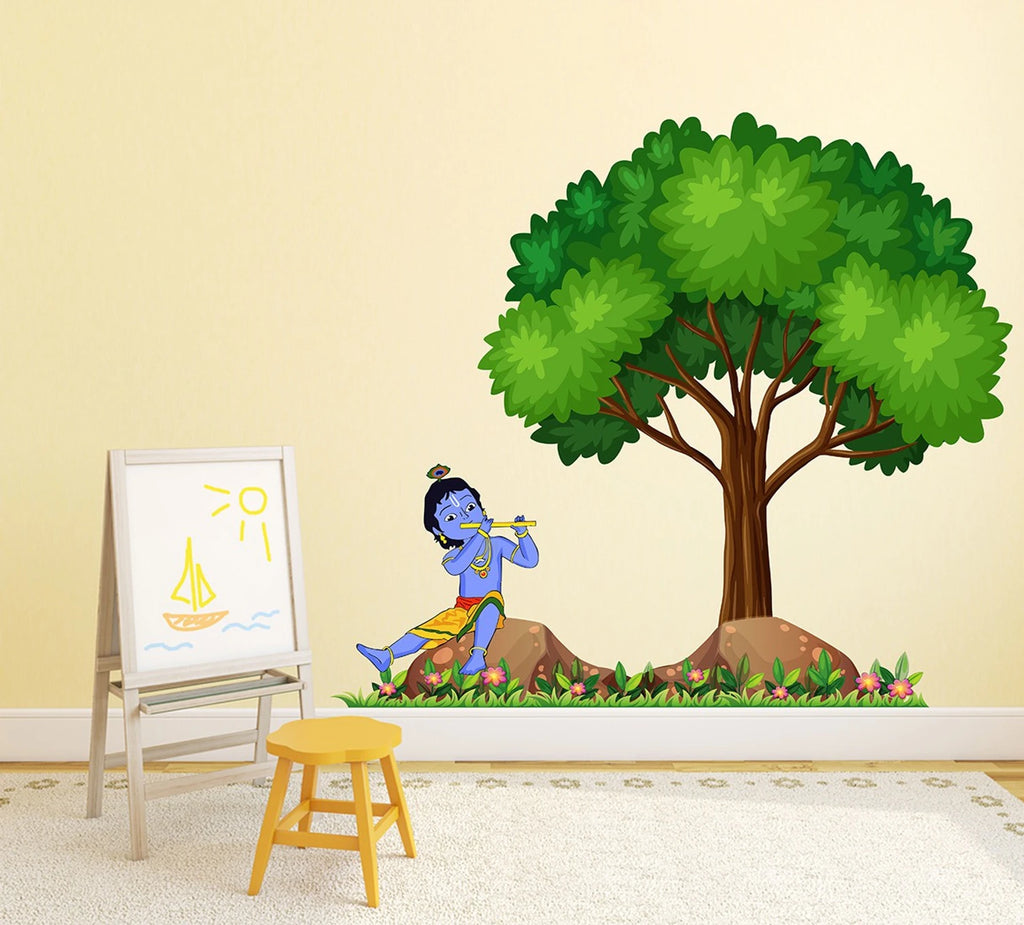 Majestic Bal Krishna Playing Flute under the Great Tree Wall Mural - 100 cm x 90 cm Premium Extra Large Spiritual Wall Decal for Living Room, Playroom, and Kids' Bedroom