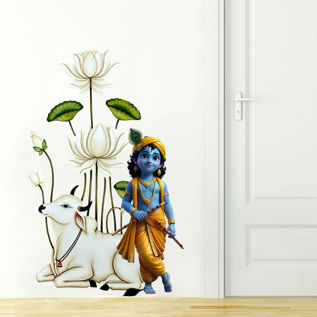 Divine Bal Krishna with Holy Cow and White Lotus Wall Sticker - 60 cm x 38 cm Premium Spiritual Wall Decal for Kids' Room, Living Room, and Home Mandir