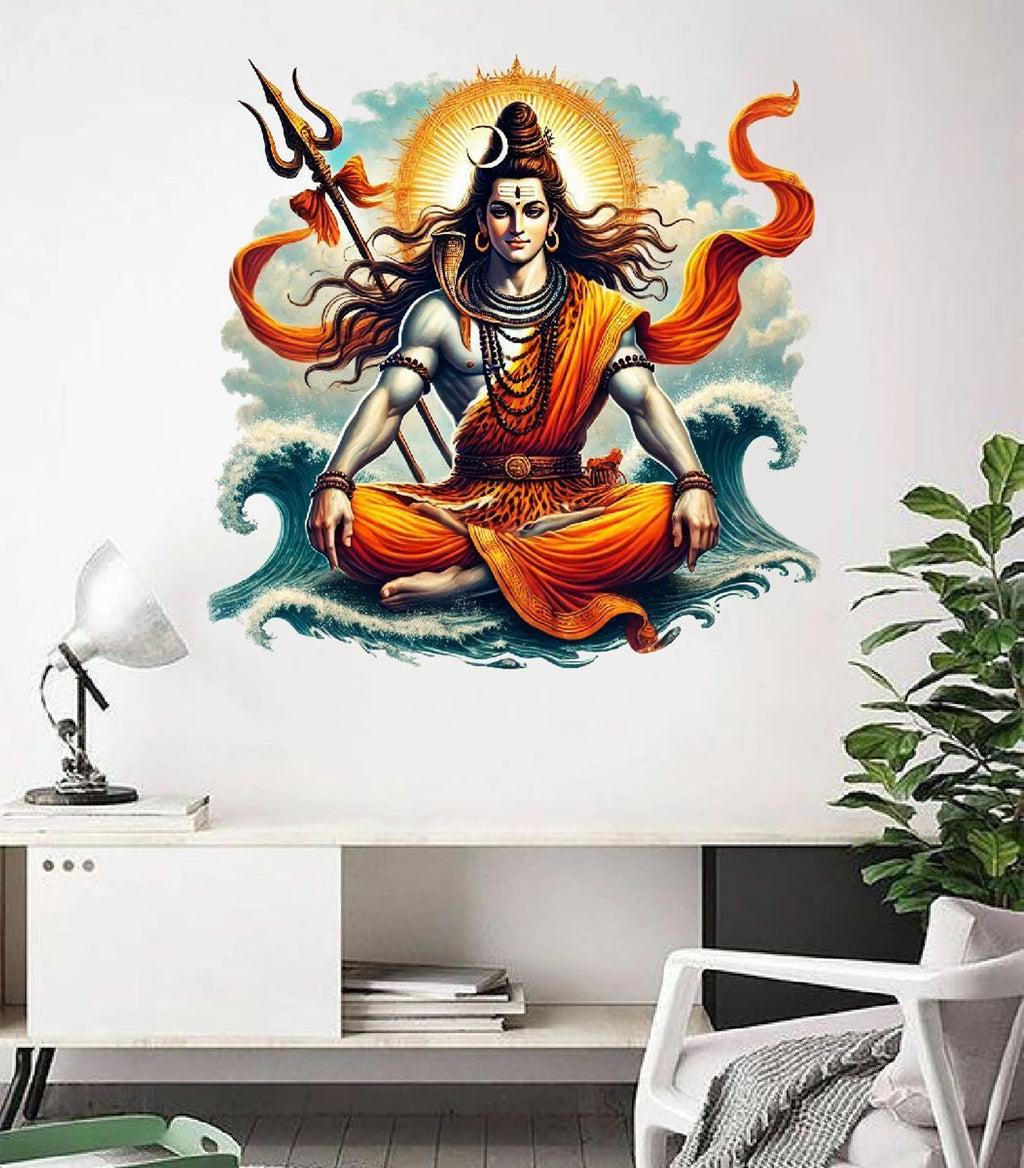 Divine Lord Shiva Meditating on Ocean Waves Wall Sticker - 51 cm x 51 cm Premium Spiritual Mahadev Art Decal with Golden Sun Halo for Living Room and Hall