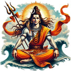 Divine Lord Shiva Meditating on Ocean Waves Wall Sticker - 51 cm x 51 cm Premium Spiritual Mahadev Art Decal with Golden Sun Halo for Living Room and Hall