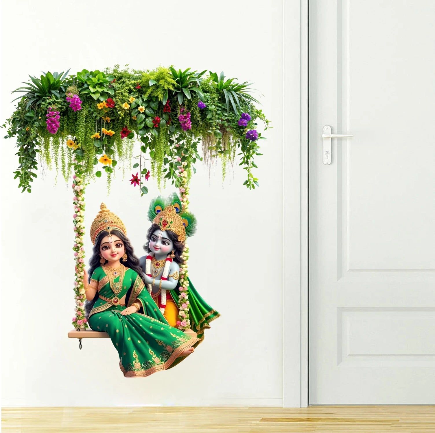 Majestic Radha Krishna Floral Jhoola Wall Sticker - Large 91 cm x 79 cm Spiritual Decal Premium Radha Krishna Swing Art for Living Room, Hall, and Festive Home Decor