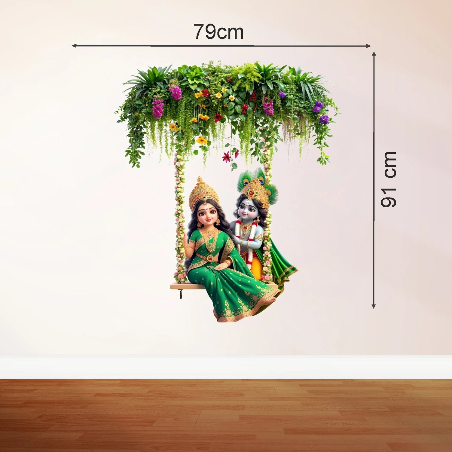Majestic Radha Krishna Floral Jhoola Wall Sticker - Large 91 cm x 79 cm Spiritual Decal Premium Radha Krishna Swing Art for Living Room, Hall, and Festive Home Decor
