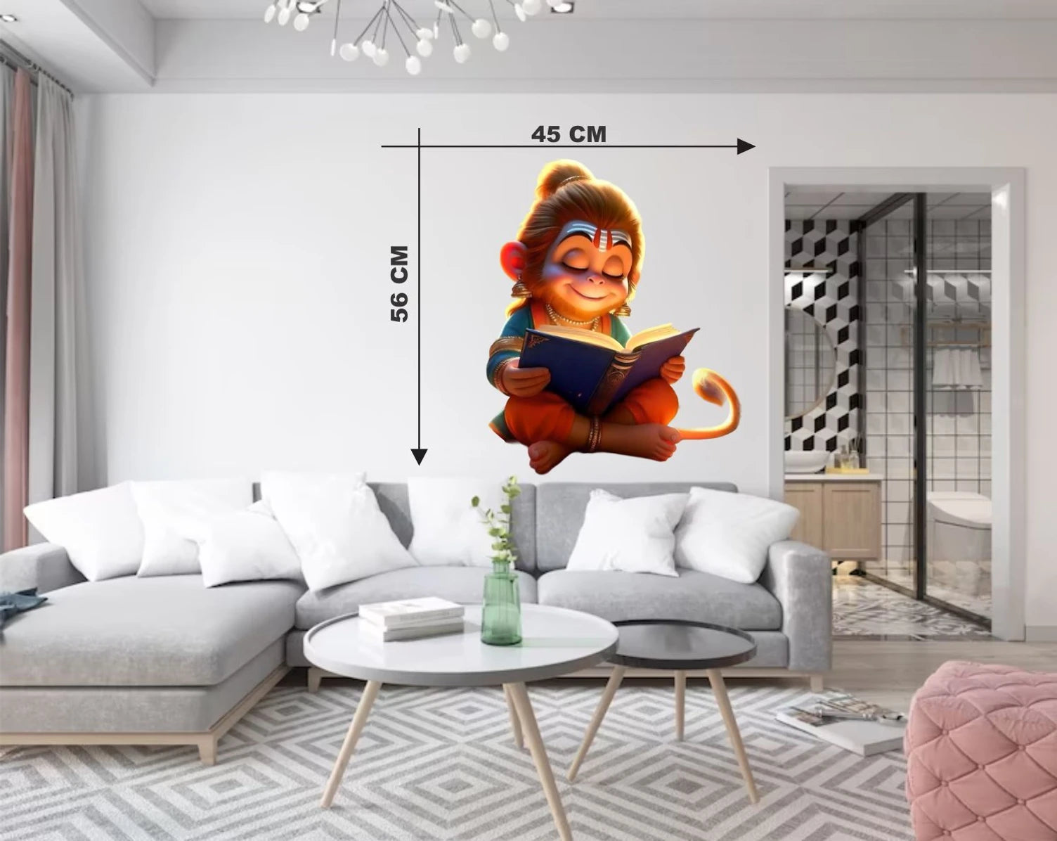 Chhota Hanuman Reading Book Wall Sticker - Little Bajrangbali Motivational Art (56x45 cm) Premium Kids' Room Spiritual Wall Decal for Study Area, Library, and Home Decor