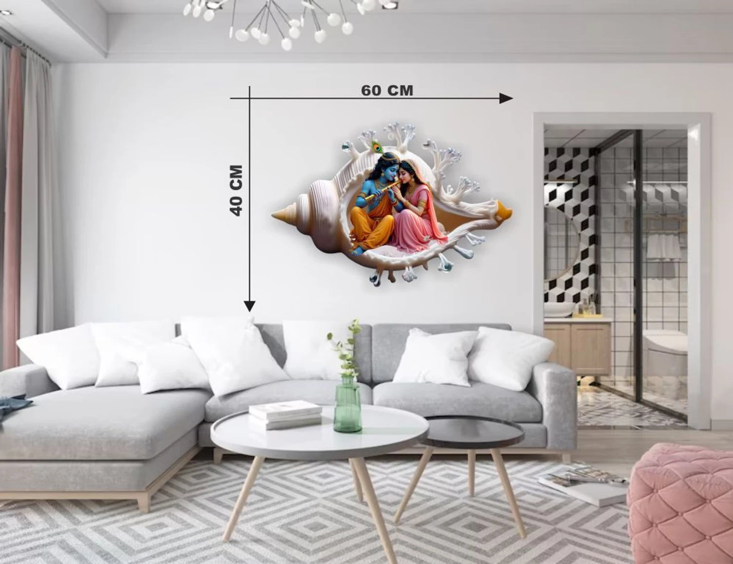 Divine Radha Krishna Seated in Sacred Shankh Wall Sticker - 60 cm x 40 cm Premium Spiritual Wall Decal for Living Room, Pooja Room, and Auspicious Gifting