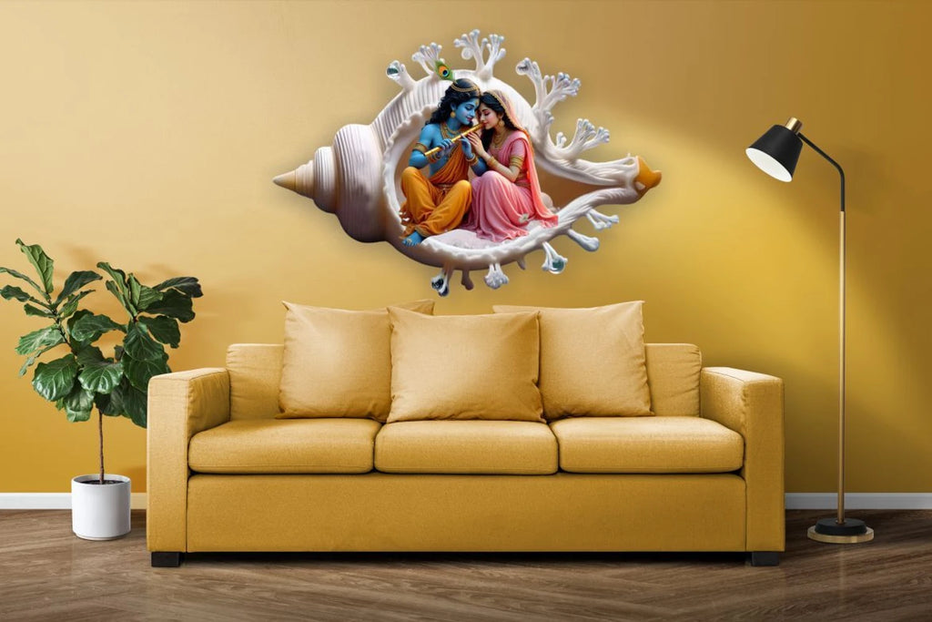 Divine Radha Krishna Seated in Sacred Shankh Wall Sticker - 60 cm x 40 cm Premium Spiritual Wall Decal for Living Room, Pooja Room, and Auspicious Gifting