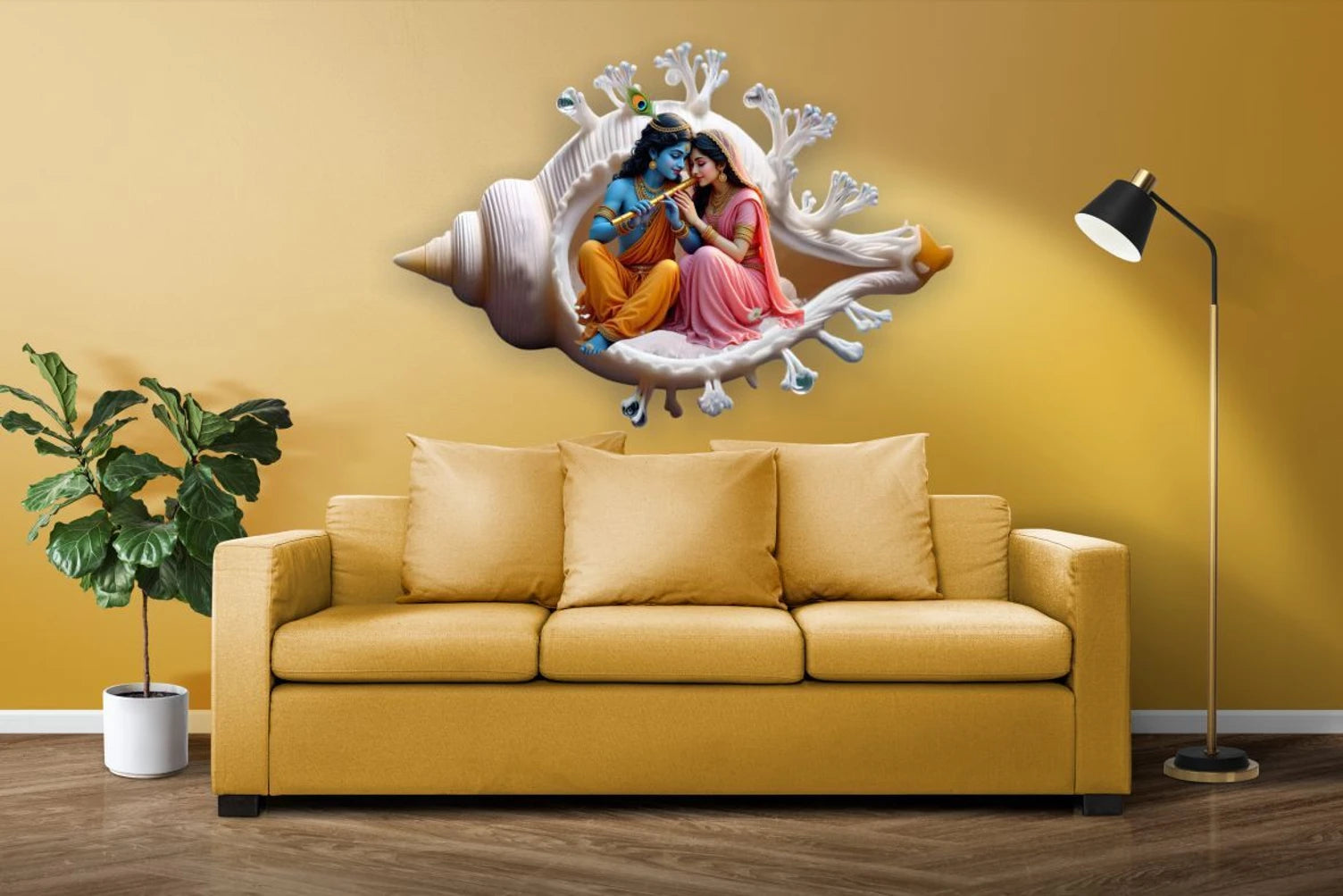 Divine Radha Krishna Seated in Sacred Shankh Wall Sticker - 60 cm x 40 cm Premium Spiritual Wall Decal for Living Room, Pooja Room, and Auspicious Gifting