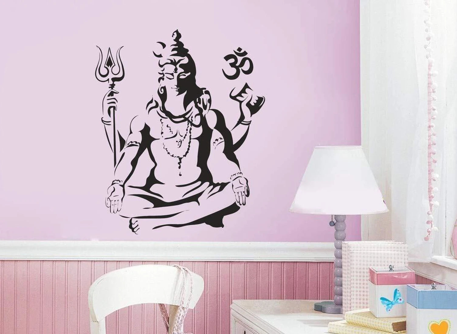 Lord Shiva Meditating with Trishul and Om Wall Decal Sticker Spiritual Mahadev Wall Art for Puja Room and Yoga Studio Decor