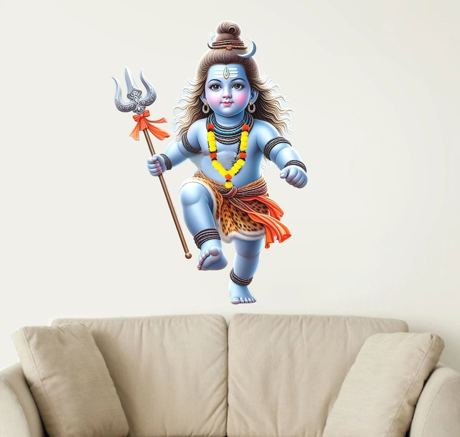 Cute Bal Shiva with Trishul Wall Sticker - Little Mahadev 3D Art Decal (58 cm) Premium Kids' Room Spiritual Wall Decor for Nursery, Playroom, and Modern Homes