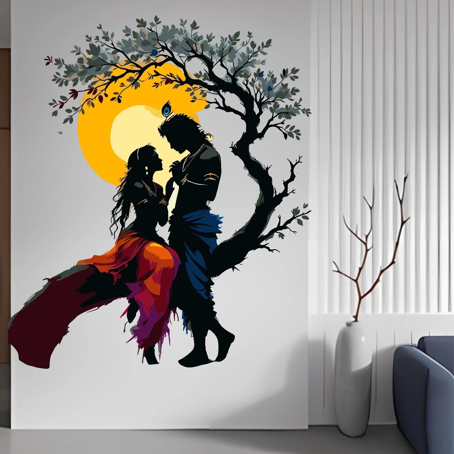 Modern Radha Krishna Silhouette Wall Sticker under Golden Sun - 24 Inch Art Decal Premium Minimalist Spiritual Wall Decor for Living Room, Bedroom, and Office