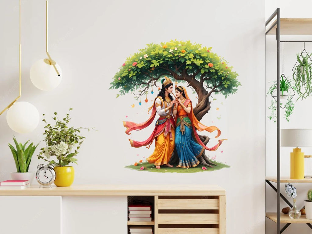 Divine Radha Krishna under the Eternal Tree of Love Wall Sticker - 51 cm x 51 cm Premium Spiritual Wall Decal for Master Bedroom, Living Room, and Auspicious Gifting