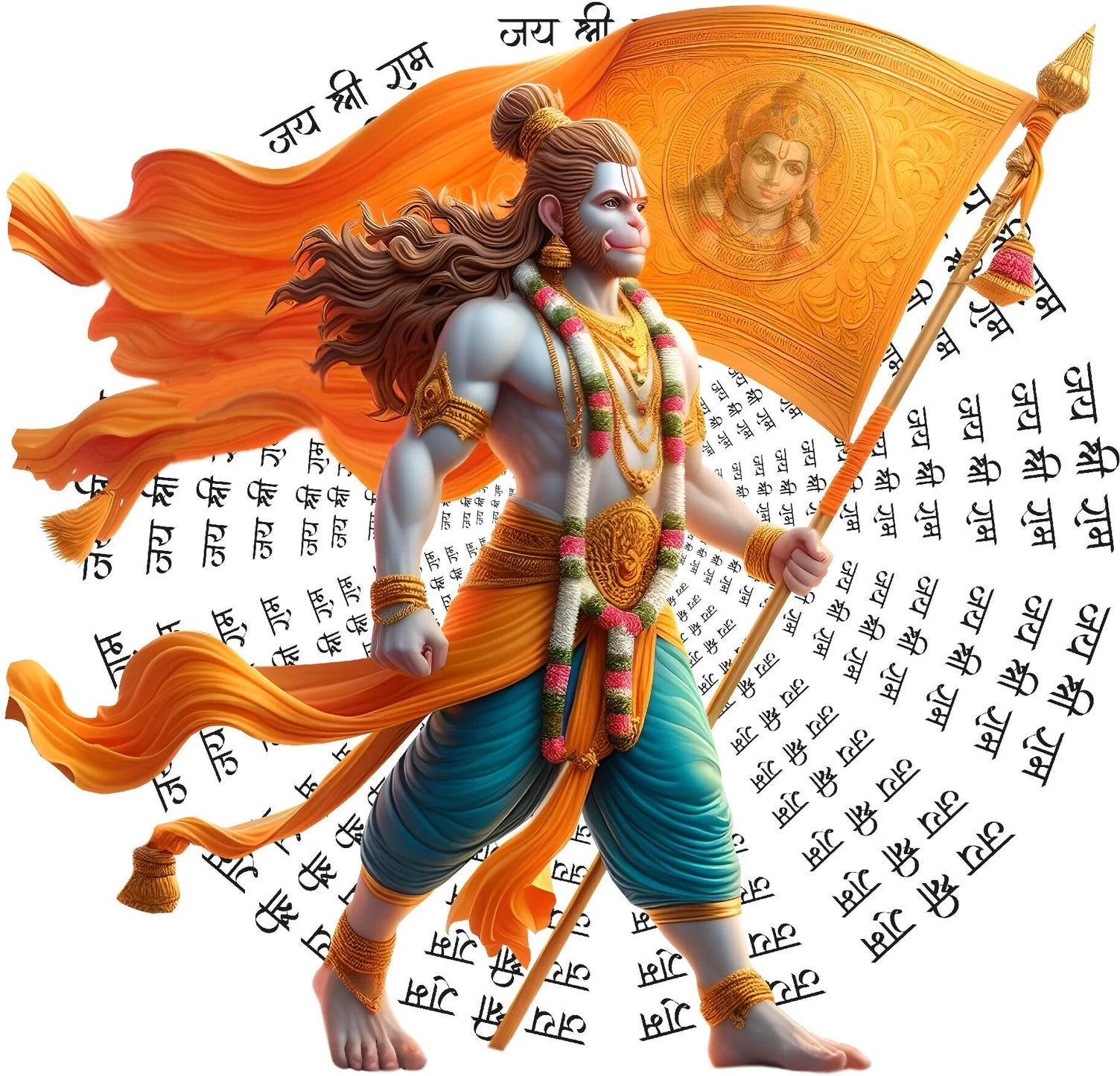 Powerful Lord Hanuman Carrying Saffron Dhwaja Wall Sticker - "Jai Shree Ram" Mantra Art Premium Bajrangbali Warrior Decal for Living Room, Gym, and Home Entrance Decor