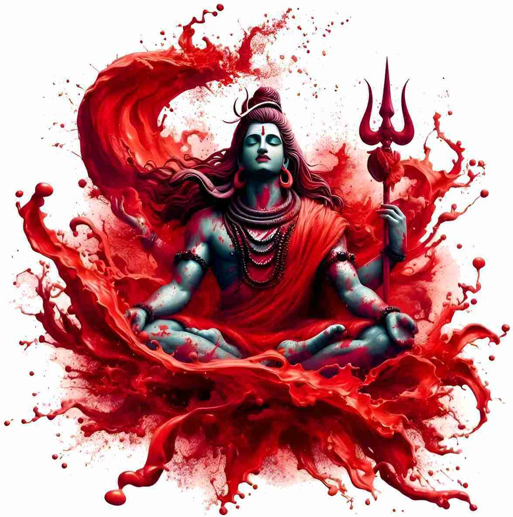 Modern Lord Shiva Meditating Abstract Wall Sticker - Spiritual Red Splash Art Decal Divine Mahadev Vinyl Wall Graphics for Living Room, Pooja Room, and Yoga Studio