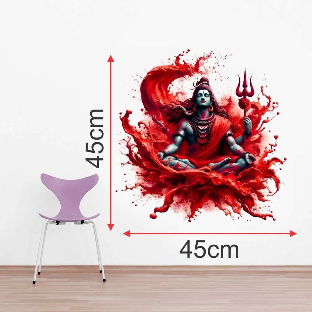 Modern Lord Shiva Meditating Abstract Wall Sticker - Spiritual Red Splash Art Decal Divine Mahadev Vinyl Wall Graphics for Living Room, Pooja Room, and Yoga Studio