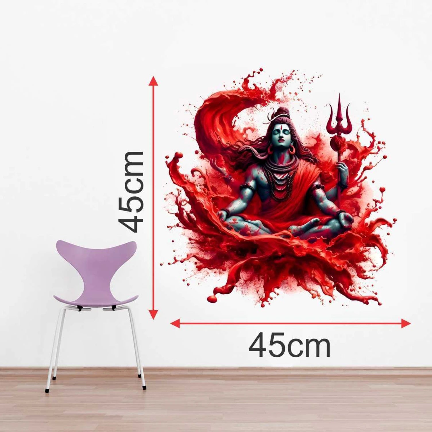 Modern Lord Shiva Meditating Abstract Wall Sticker - Spiritual Red Splash Art Decal Divine Mahadev Vinyl Wall Graphics for Living Room, Pooja Room, and Yoga Studio