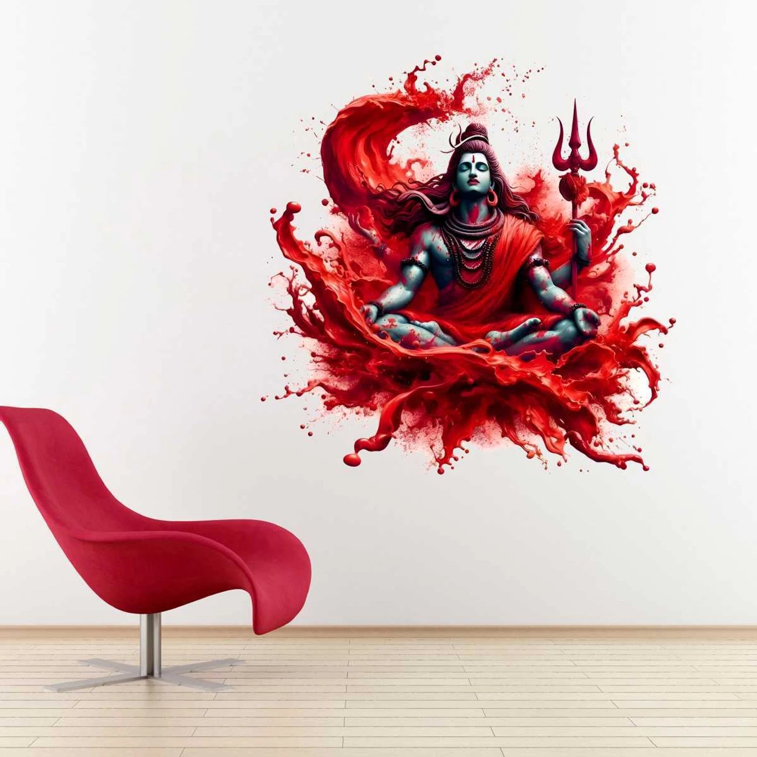 Modern Lord Shiva Meditating Abstract Wall Sticker - Spiritual Red Splash Art Decal Divine Mahadev Vinyl Wall Graphics for Living Room, Pooja Room, and Yoga Studio