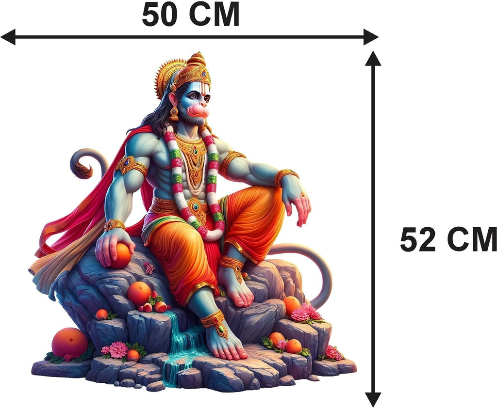 Majestic Lord Hanuman Sitting on Mountain Rock Wall Sticker - Divine Bajrangbali Art Premium 3D-Style Religious Wall Decal for Living Room, Pooja Room, and Spiritual Decor