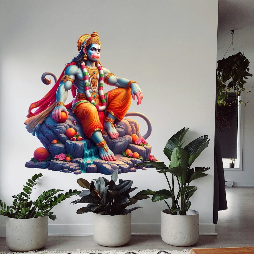 Majestic Lord Hanuman Sitting on Mountain Rock Wall Sticker - Divine Bajrangbali Art Premium 3D-Style Religious Wall Decal for Living Room, Pooja Room, and Spiritual Decor