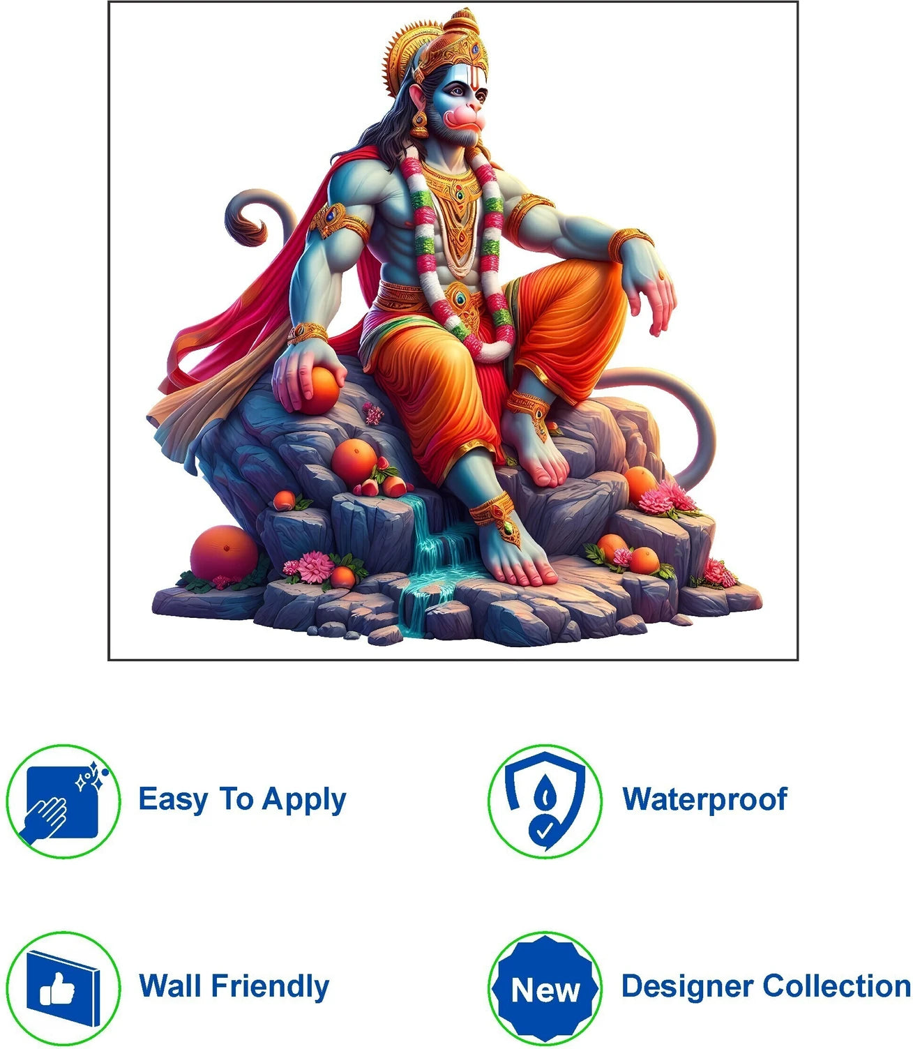 Majestic Lord Hanuman Sitting on Mountain Rock Wall Sticker - Divine Bajrangbali Art Premium 3D-Style Religious Wall Decal for Living Room, Pooja Room, and Spiritual Decor