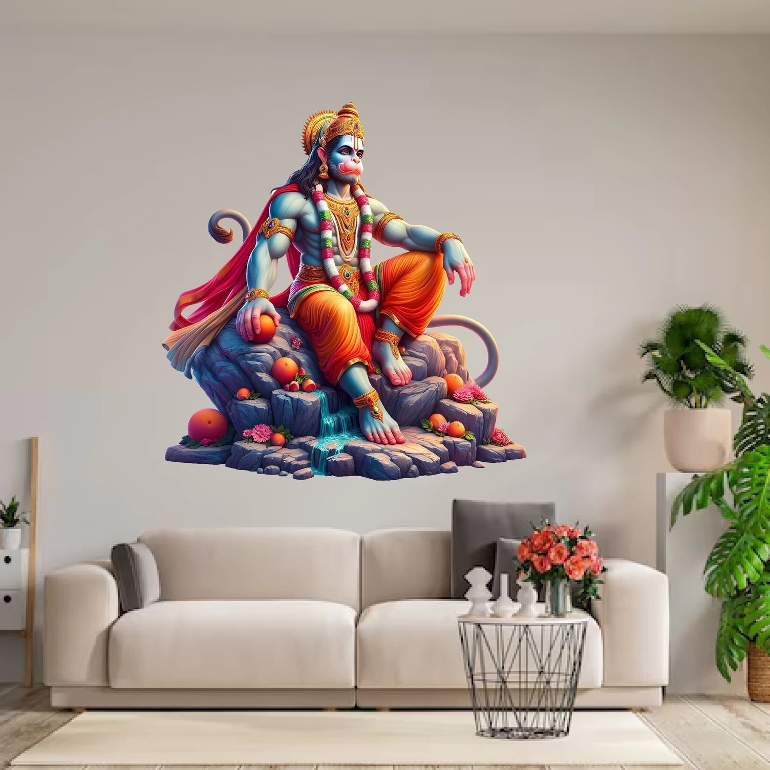 Majestic Lord Hanuman Sitting on Mountain Rock Wall Sticker - Divine Bajrangbali Art Premium 3D-Style Religious Wall Decal for Living Room, Pooja Room, and Spiritual Decor