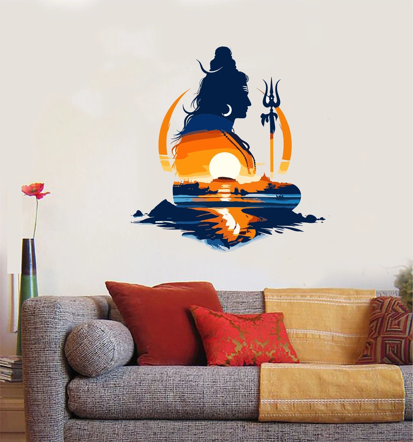 Divine Lord Shiva Silhouette Wall Sticker with Sunset Landscape Art - 24 cm Size Premium Mahadev Spiritual Wall Decal for Home, Office, and Meditation Space