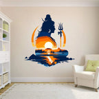 Divine Lord Shiva Silhouette Wall Sticker with Sunset Landscape Art - 24 cm Size Premium Mahadev Spiritual Wall Decal for Home, Office, and Meditation Space