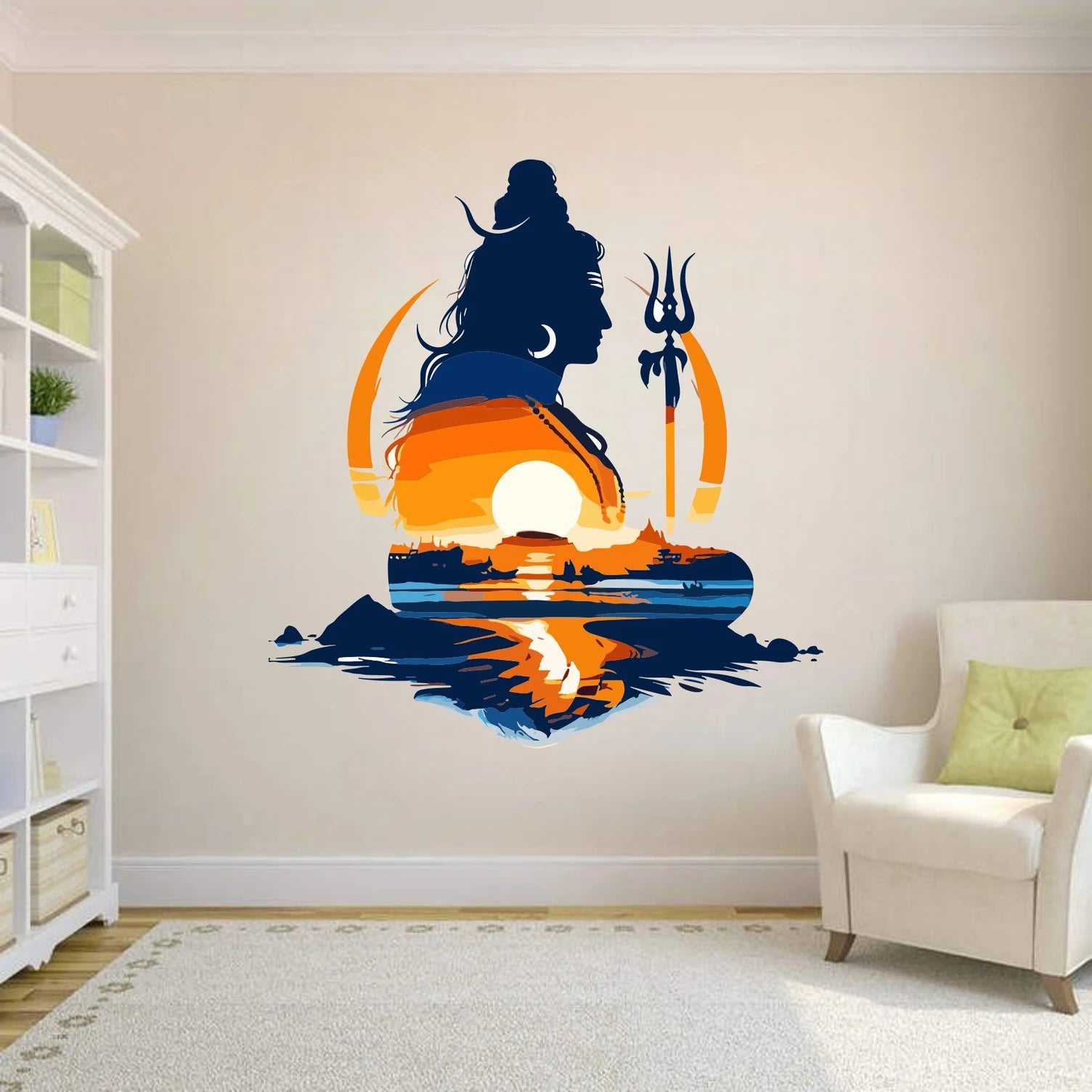 Divine Lord Shiva Silhouette Wall Sticker with Sunset Landscape Art - 24 cm Size Premium Mahadev Spiritual Wall Decal for Home, Office, and Meditation Space