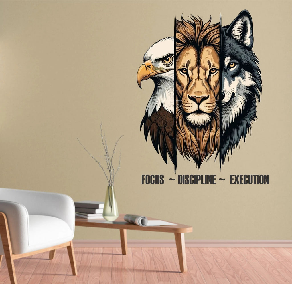 Eagle Lion and Wolf Motivational Wall Decal Focus Discipline Execution Inspirational Power Animal Vinyl Sticker for Office and Home Gym Decor