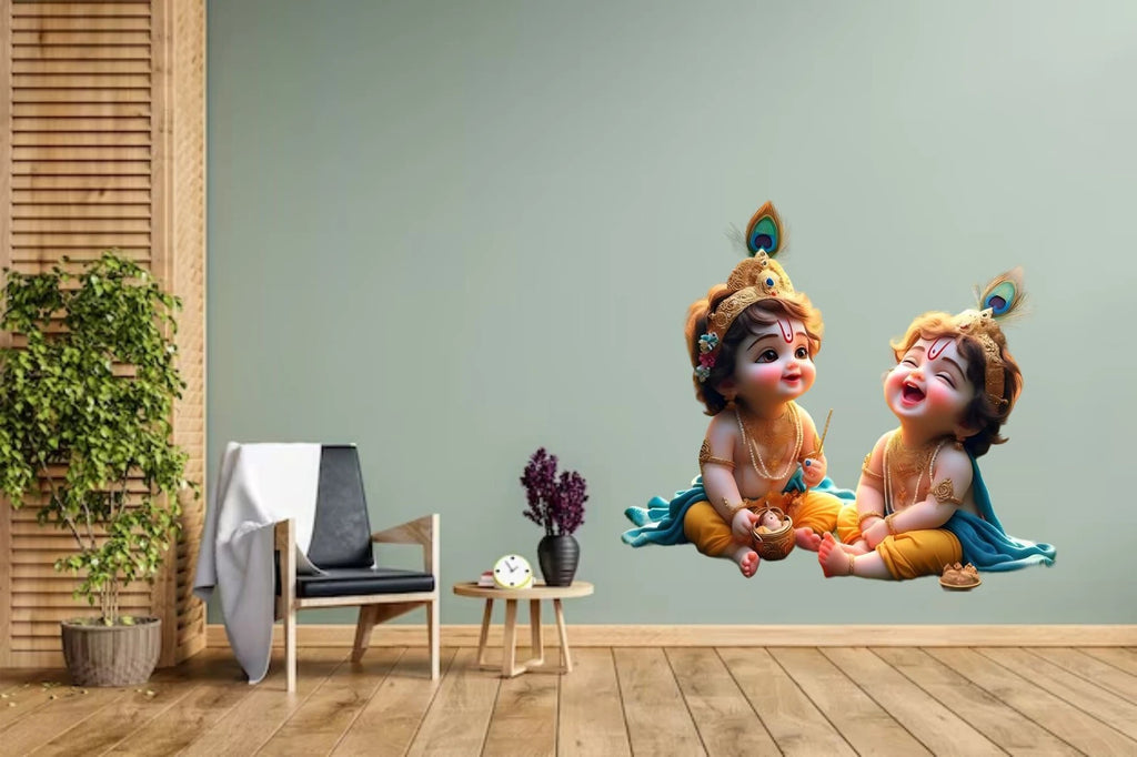 Divine Laughing Bal Krishna and Balarama Wall Sticker - Joyful Little Krishna Art (50x45 cm) Premium Kids' Room Spiritual Wall Decal for Living Room, Nursery, and Playful Home Decor