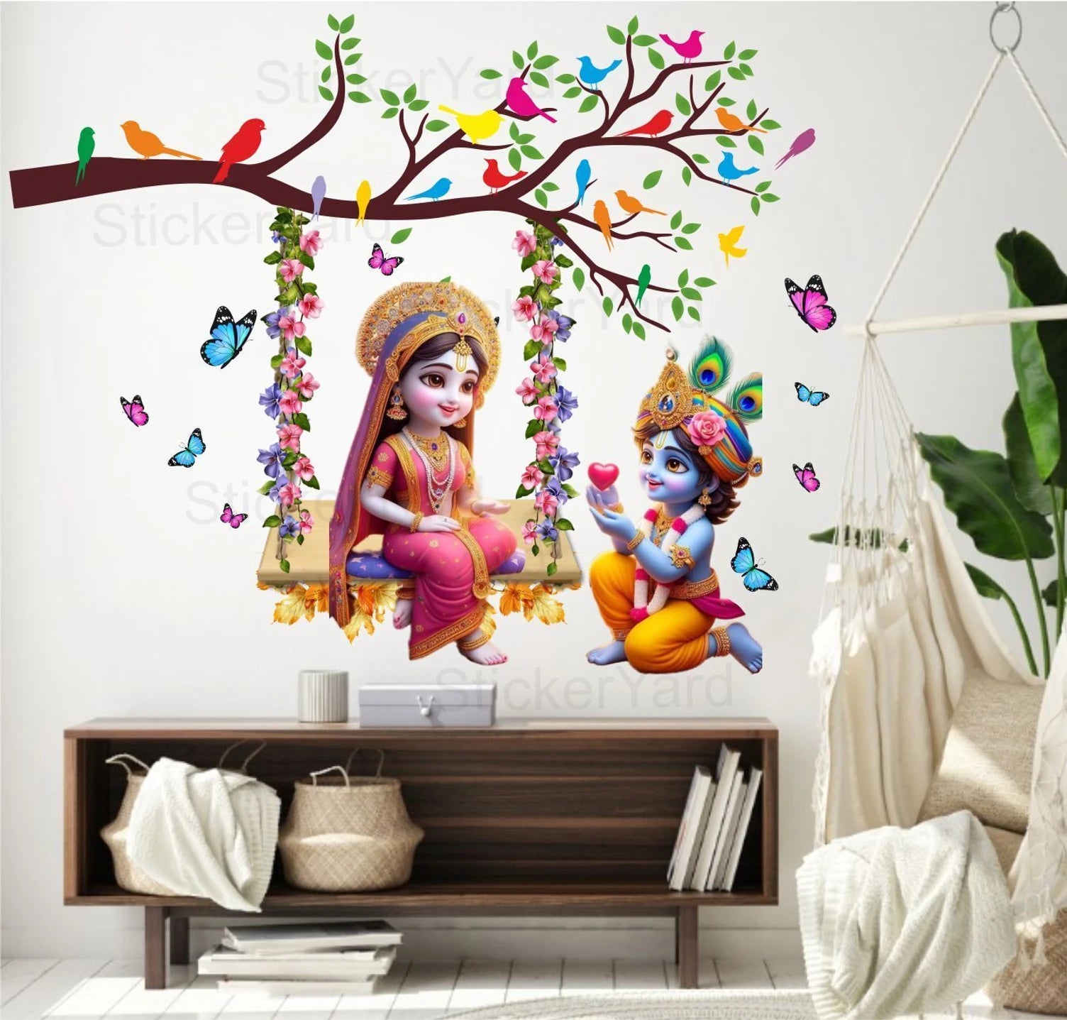 Radha Krishna Floral Jhoola Wall Sticker with Colorful Birds and Tree Branch - 76cm x 60cm Premium Kids' Room Spiritual Wall Decal for Playful and Auspicious Home Decor