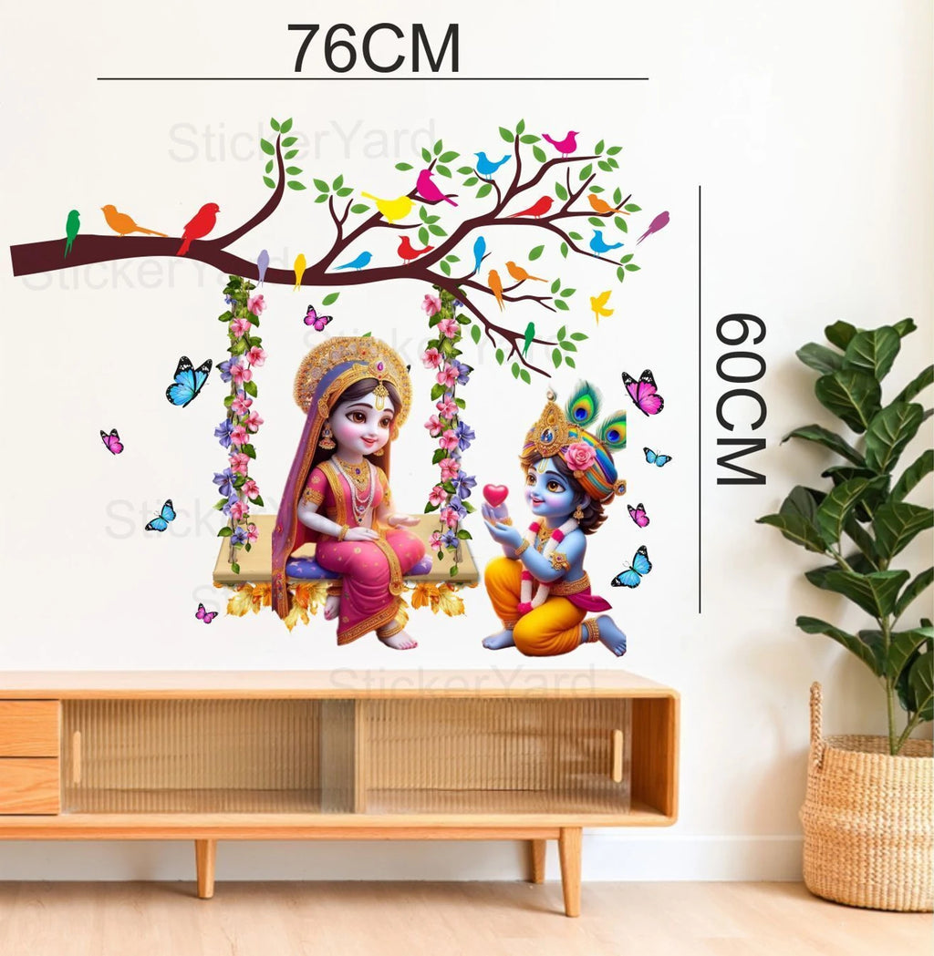 Radha Krishna Floral Jhoola Wall Sticker with Colorful Birds and Tree Branch - 76cm x 60cm Premium Kids' Room Spiritual Wall Decal for Playful and Auspicious Home Decor