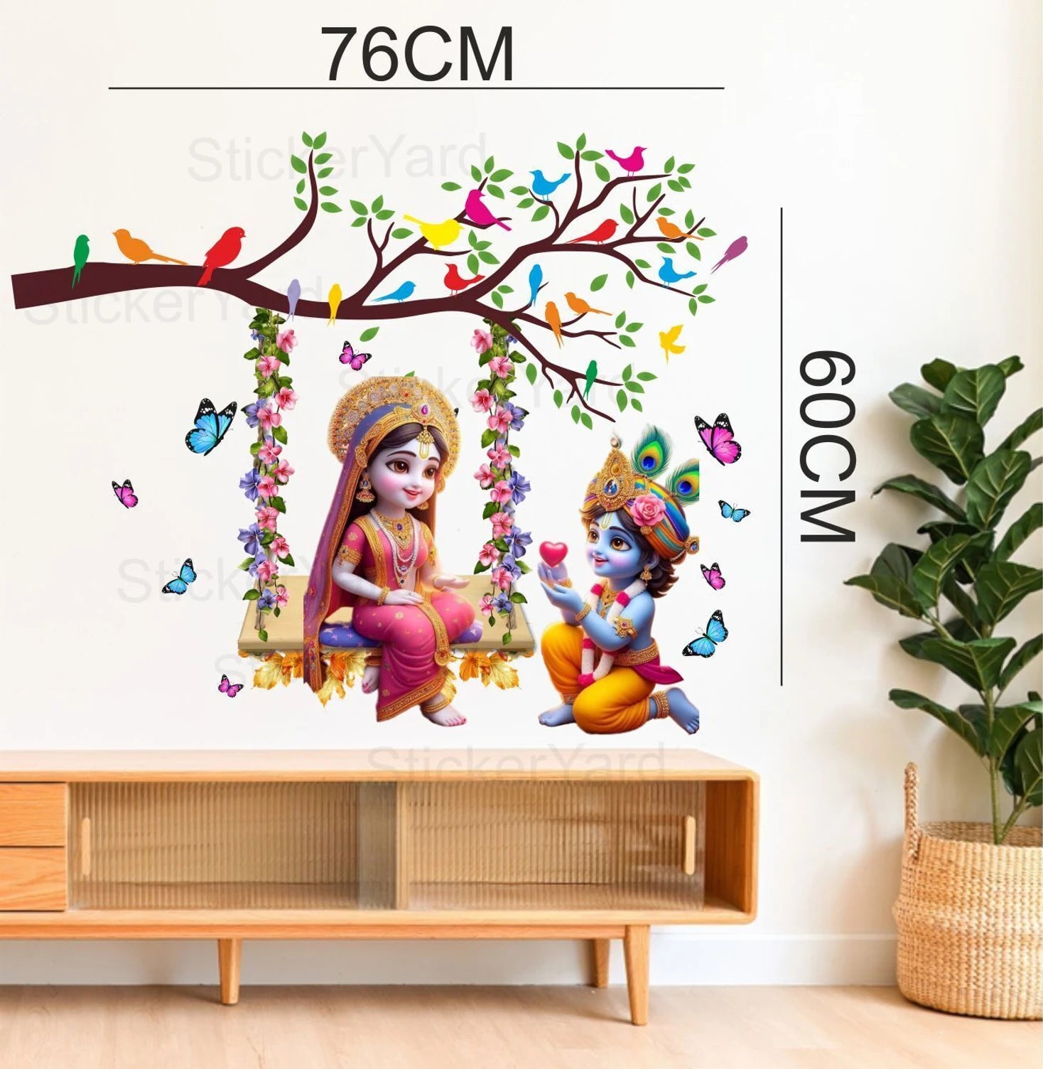 Radha Krishna Floral Jhoola Wall Sticker with Colorful Birds and Tree Branch - 76cm x 60cm Premium Kids' Room Spiritual Wall Decal for Playful and Auspicious Home Decor
