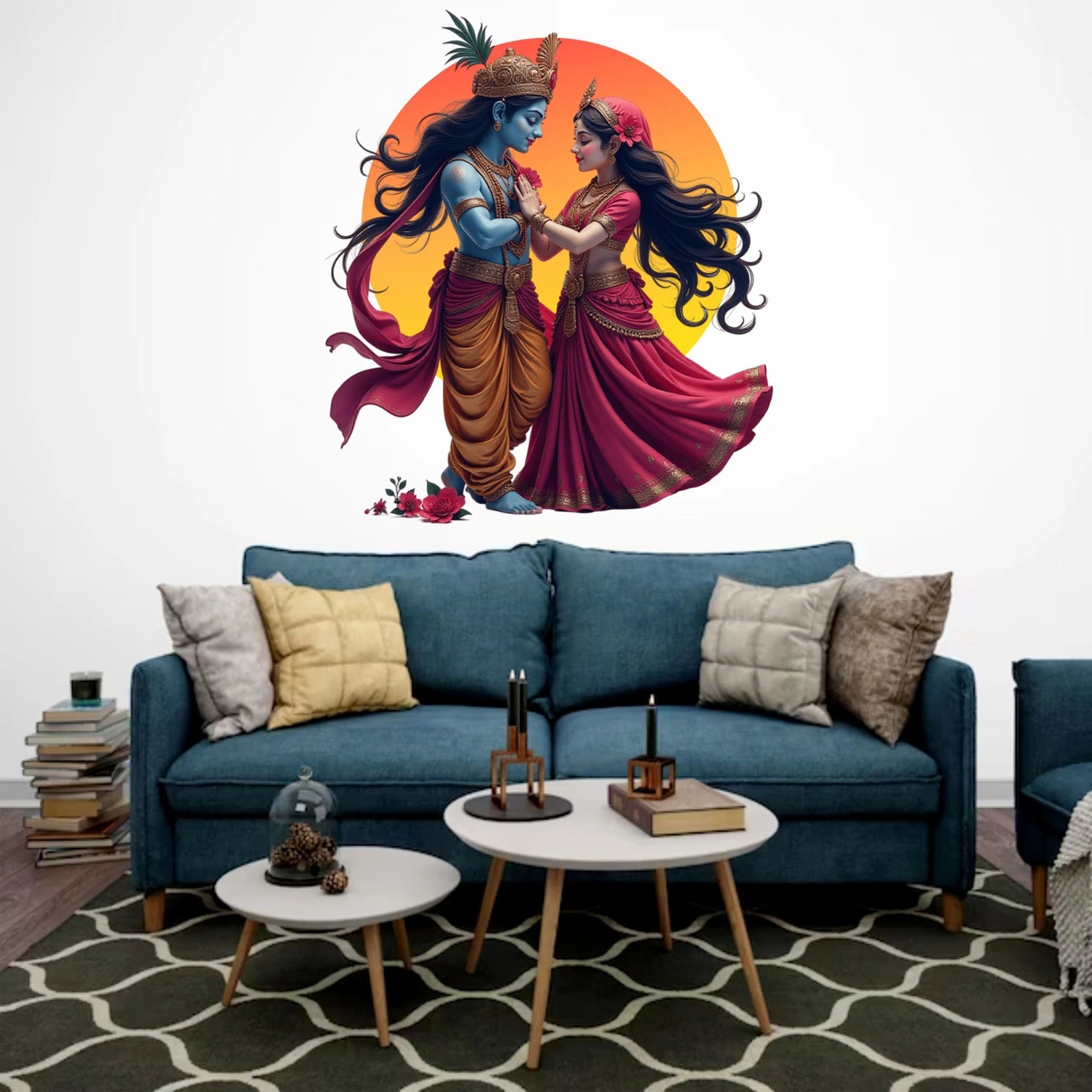 Divine Radha Krishna Eternal Love Wall Sticker - Modern Sunset Halo Art Decal (58 cm) Premium Romantic Spiritual Wall Decor for Master Bedroom, Living Room, and Gifting