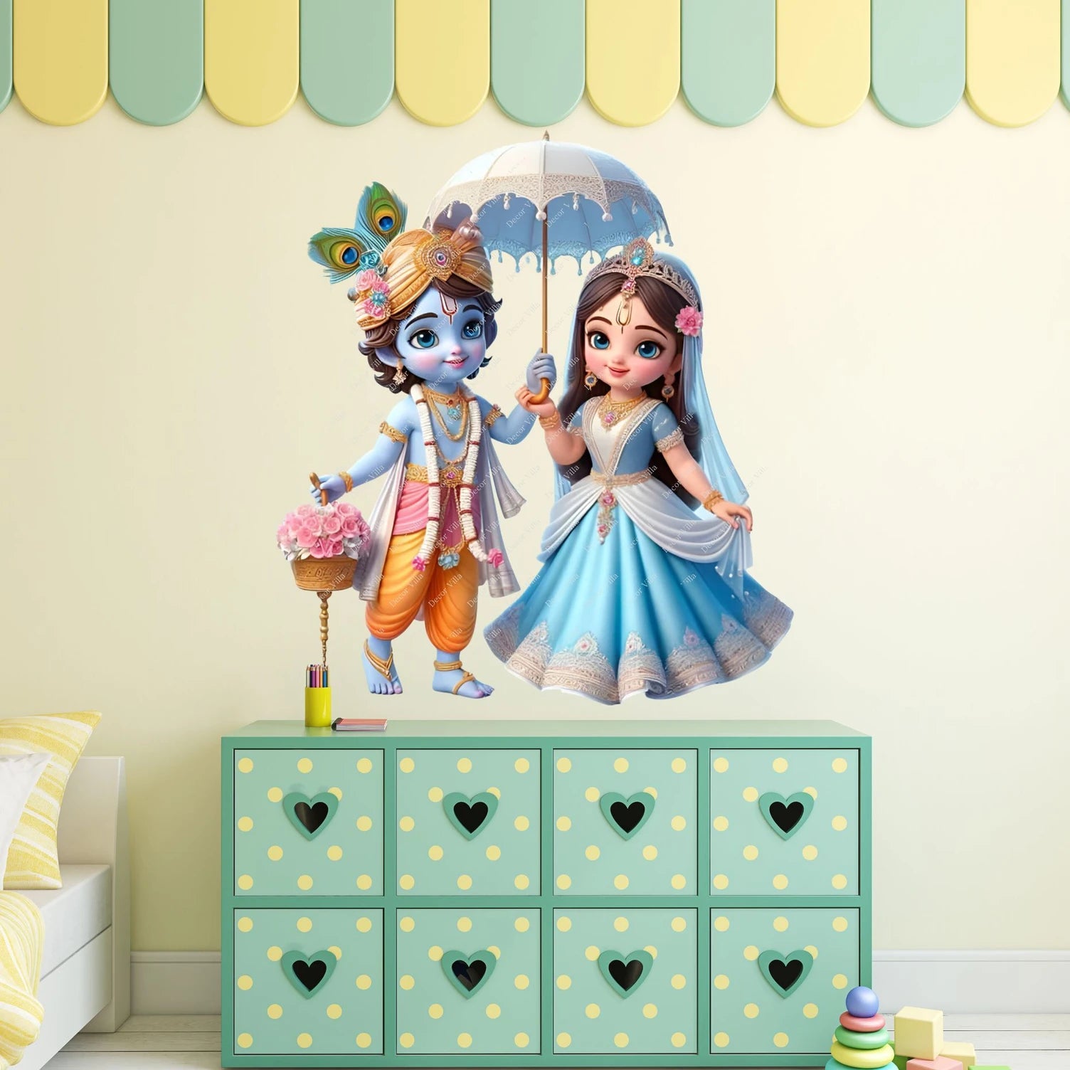 Cute Bal Radha Krishna with Umbrella Wall Sticker - Divine Love 3D Art (48 cm) Premium Spiritual Wall Decal for Kids' Room, Nursery, and Modern Home Decor