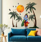 Divine Bal Krishna with Peacock Sunset Wall Sticker - Tropical Palm Tree Art (76 cm) Premium Large Spiritual Wall Decal for Living Room, Bedroom, and Modern Home Decor