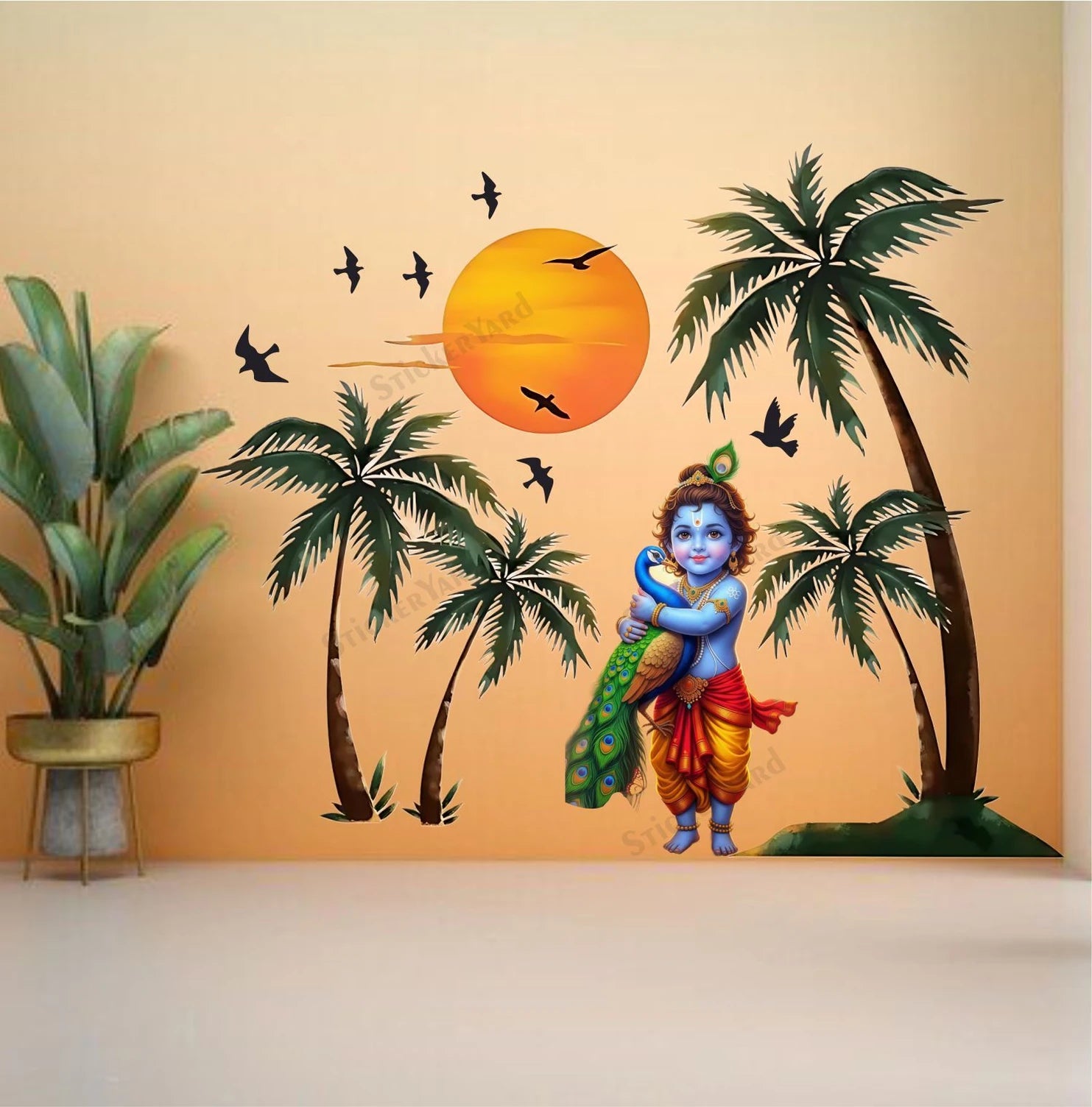 Divine Bal Krishna with Peacock Sunset Wall Sticker - Tropical Palm Tree Art (76 cm) Premium Large Spiritual Wall Decal for Living Room, Bedroom, and Modern Home Decor