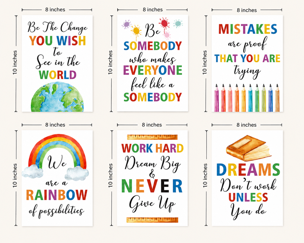 Set of six motivational posters with inspirational quotes and illustrations, each 8x10 inches.