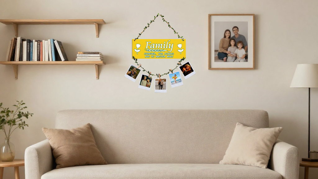 Photo Display wall decor displayed in Living room 