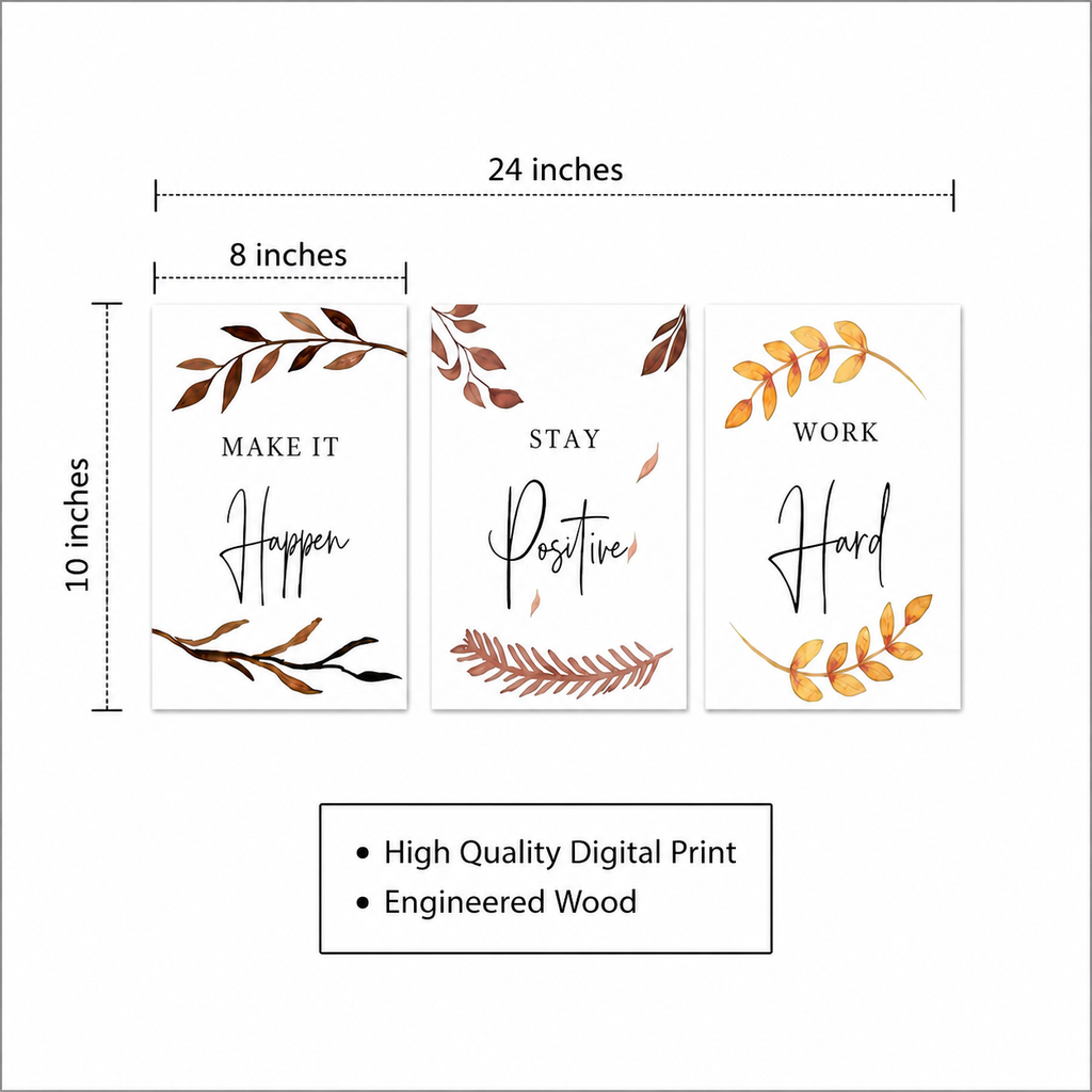 Three motivational posters with leaf designs and text, shown with measurements and quality assurance details.