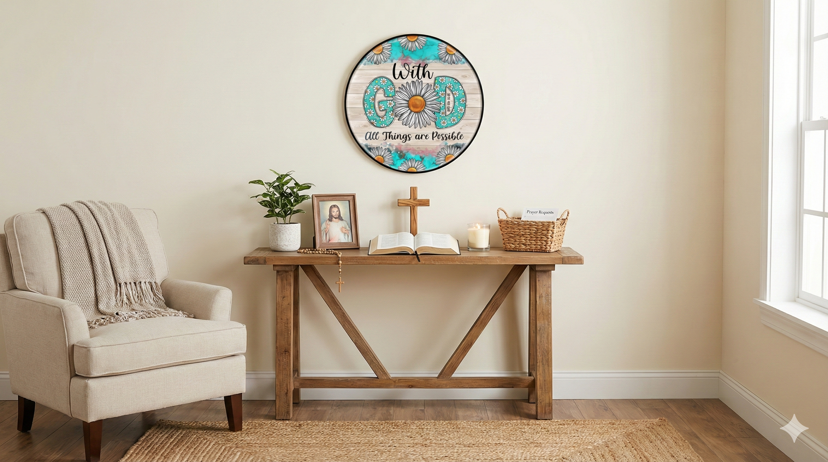 religious wall decor displayed in Living Room