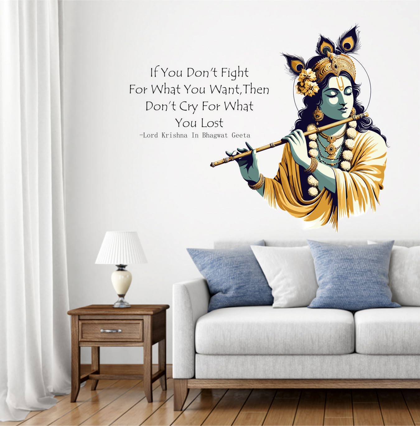 Living room with a wall mural of Lord Krishna and a motivational quote.