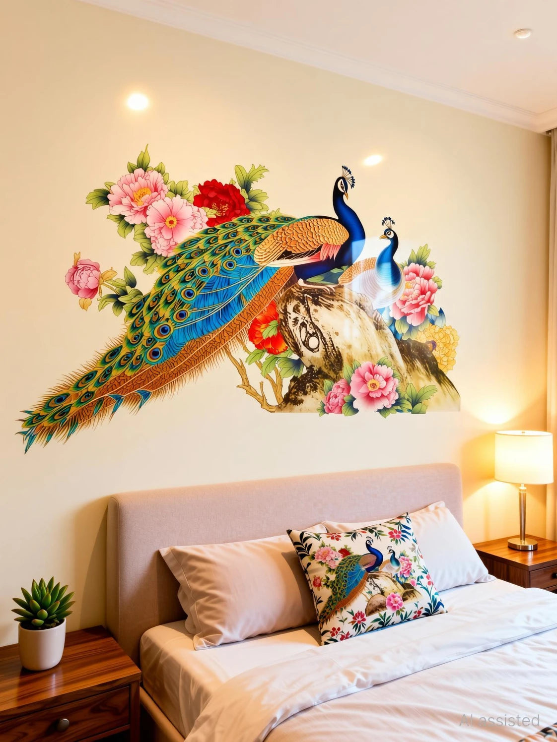 Peacock and floral wall decal on a bedroom wall with a bed and nightstands.